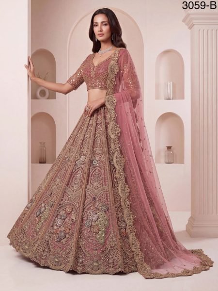 Sleek Pink Bridal Net Lehenga Choli with Heavy Zari Embroidery and Soft Net Dupatta Bridal Lehenga Choli