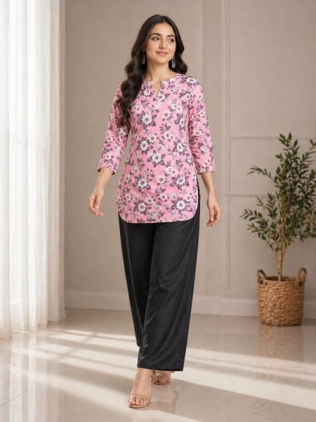 Sleek Pink Comfortable Casual Wear Co Ord Outfit for Women Tunics kurti