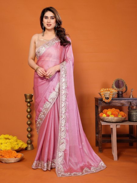 Sleek Pink Lightweight Saree with Embroidery Work for Daily and Festive Wear Sarees 
