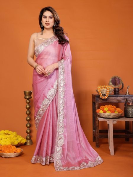 Sleek Pink Lightweight Saree with Embroidery Work for Daily and Festive Wear Embroidery Sarees Wholesale