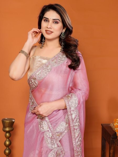 Sleek Pink Lightweight Saree with Embroidery Work for Daily and Festive Wear Embroidery Sarees Wholesale