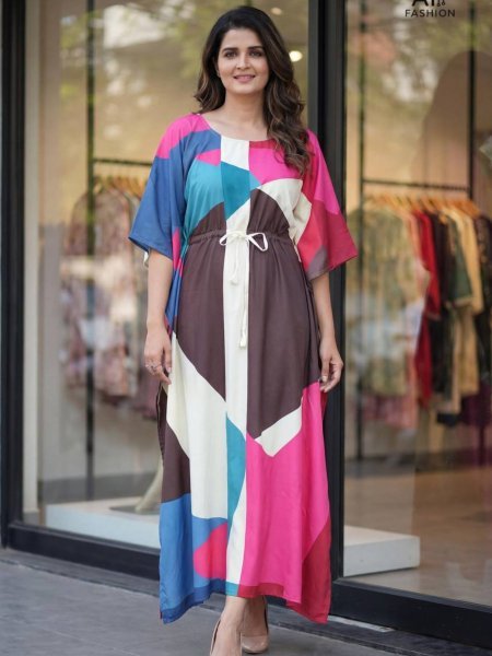 Sleek Pink Stylish Long Kaftan with Trendy Prints for Lounge and Casual Wear Kurtis