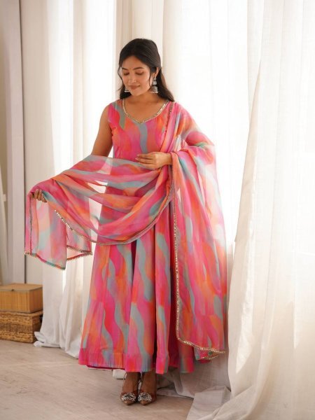 Sleek Pink Tebi Organza Gown Pant Set with Golden Mirror Lace Dupatta Ready To Wear Suit