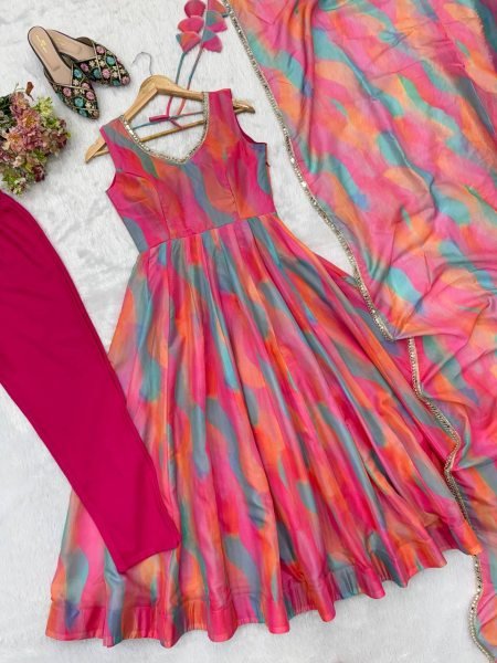 Sleek Pink Tebi Organza Gown Pant Set with Golden Mirror Lace Dupatta Ready To Wear Collection