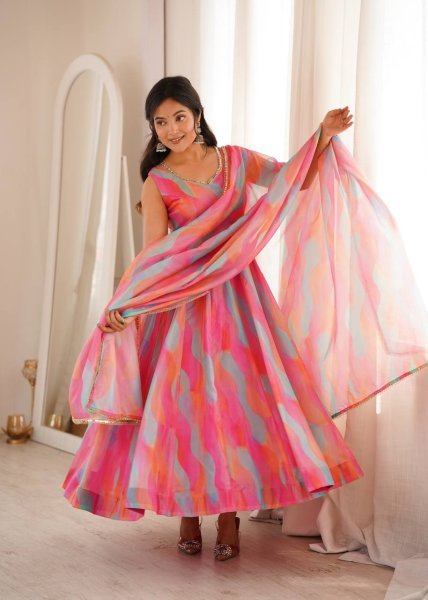 Sleek Pink Tebi Organza Gown Pant Set with Golden Mirror Lace Dupatta Ready To Wear Collection