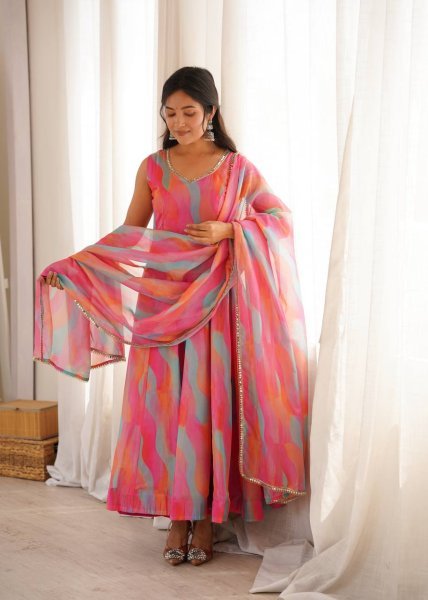 Sleek Pink Tebi Organza Gown Pant Set with Golden Mirror Lace Dupatta Ready To Wear Collection