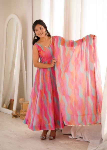 Sleek Pink Tebi Organza Gown Pant Set with Golden Mirror Lace Dupatta Ready To Wear Collection