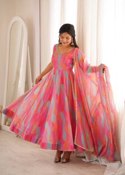 Sleek Pink Tebi Organza Gown Pant Set with Golden Mirror Lace Dupatta Ready To Wear Collection