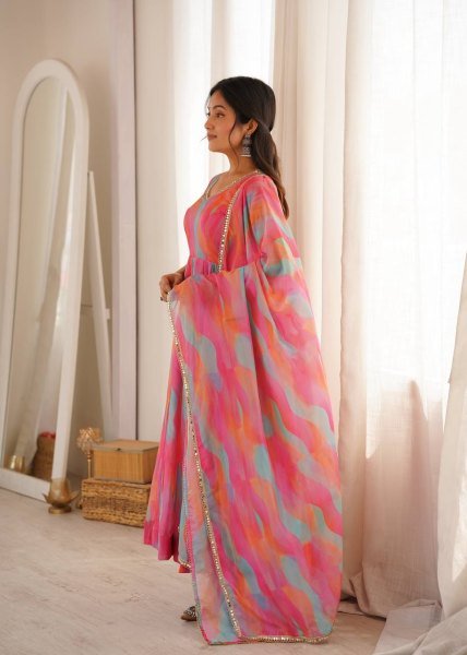 Sleek Pink Tebi Organza Gown Pant Set with Golden Mirror Lace Dupatta Ready To Wear Collection
