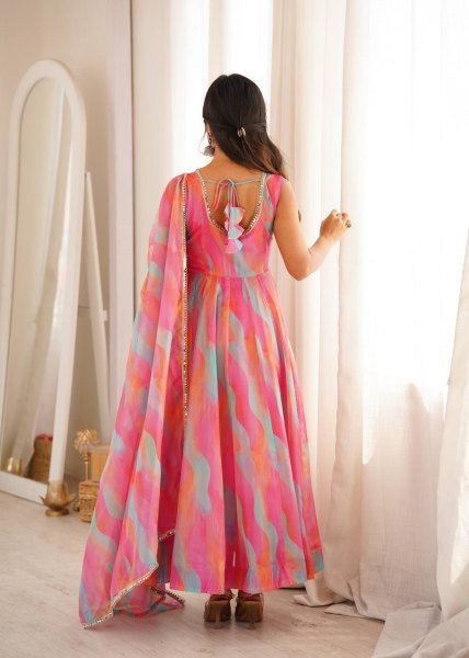 Sleek Pink Tebi Organza Gown Pant Set with Golden Mirror Lace Dupatta Ready To Wear Collection
