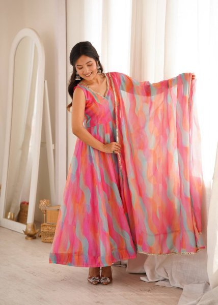 Sleek Pink Tebi Organza Gown Pant Set with Golden Mirror Lace Dupatta Ready To Wear Collection