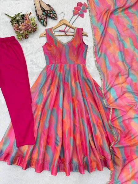 Sleek Pink Tebi Organza Gown Pant Set with Golden Mirror Lace Dupatta Ready To Wear Collection