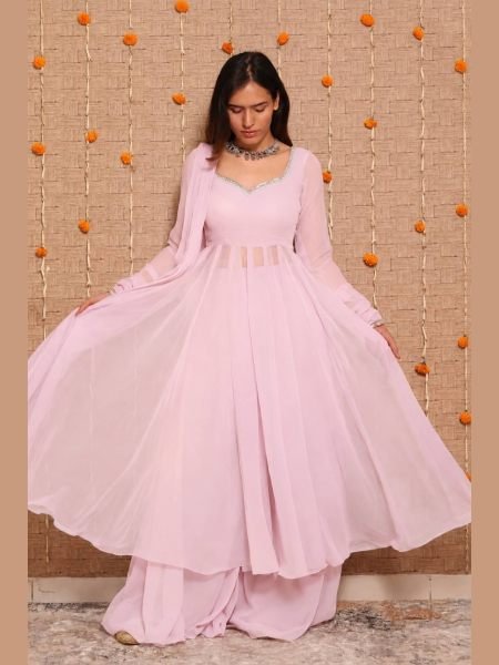Dapper Pink Wedding Wear Georgette Gown Palazzo Dupatta Set with Mirror Work Ready To Wear Suit