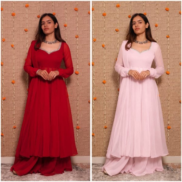 Dapper Pink Wedding Wear Georgette Gown Palazzo Dupatta Set with Mirror Work Ready To Wear Collection