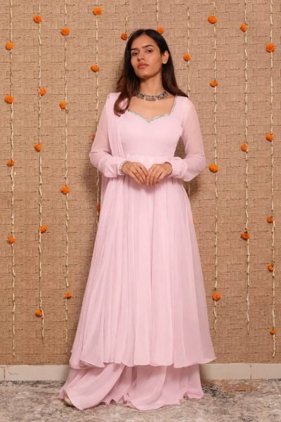 Dapper Pink Wedding Wear Georgette Gown Palazzo Dupatta Set with Mirror Work Ready To Wear Collection