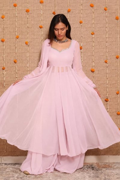 Dapper Pink Wedding Wear Georgette Gown Palazzo Dupatta Set with Mirror Work Ready To Wear Collection