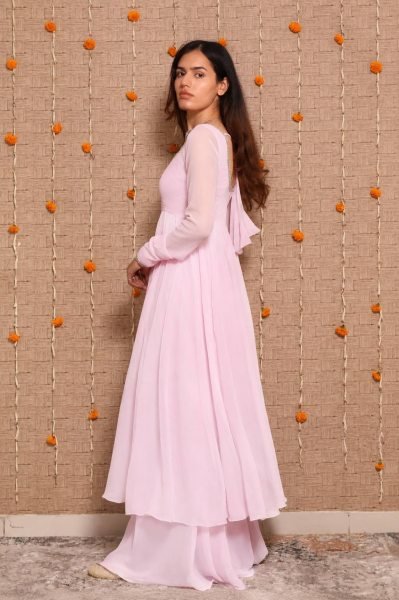 Dapper Pink Wedding Wear Georgette Gown Palazzo Dupatta Set with Mirror Work Ready To Wear Collection