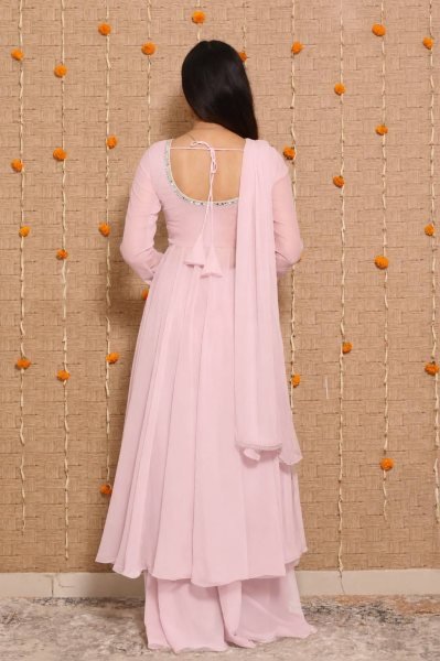 Dapper Pink Wedding Wear Georgette Gown Palazzo Dupatta Set with Mirror Work Ready To Wear Collection