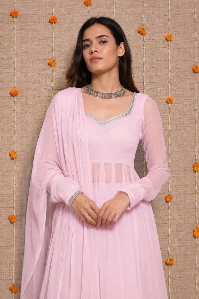 Dapper Pink Wedding Wear Georgette Gown Palazzo Dupatta Set with Mirror Work Ready To Wear Collection