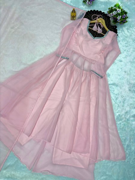 Dapper Pink Wedding Wear Georgette Gown Palazzo Dupatta Set with Mirror Work Ready To Wear Collection