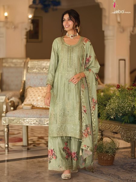 Sleek Pista Designer Heavy Chinon Suit Set for Women with Palazzo For Wedding  