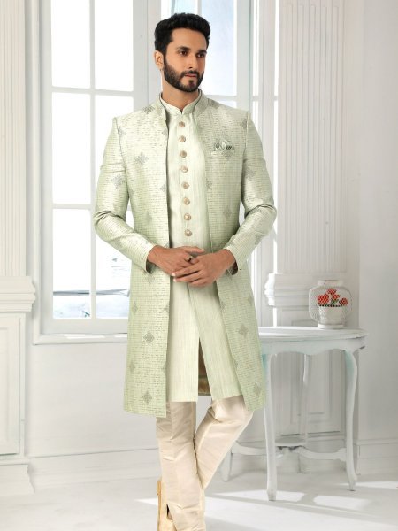 Sleek Pista Green Art Silk Jacket Set with Embroidery for Traditional Occasions Mens Wear