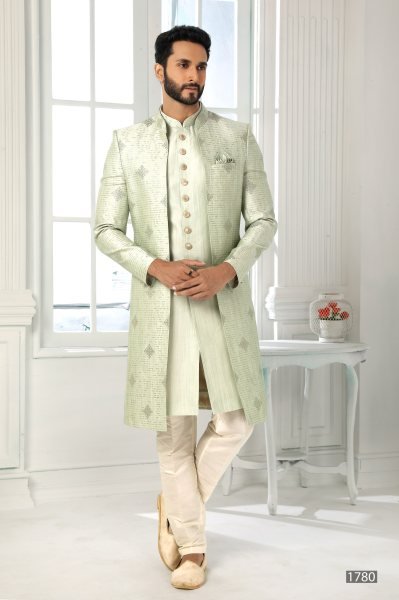 Sleek Pista Green Art Silk Jacket Set with Embroidery for Traditional Occasions Kurta Pajama Wholesale