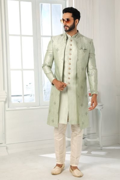 Sleek Pista Green Art Silk Jacket Set with Embroidery for Traditional Occasions Kurta Pajama Wholesale