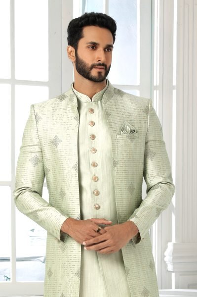 Sleek Pista Green Art Silk Jacket Set with Embroidery for Traditional Occasions Kurta Pajama Wholesale