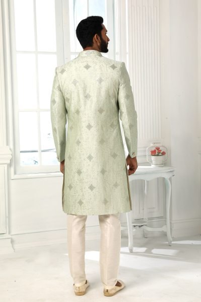 Sleek Pista Green Art Silk Jacket Set with Embroidery for Traditional Occasions Kurta Pajama Wholesale