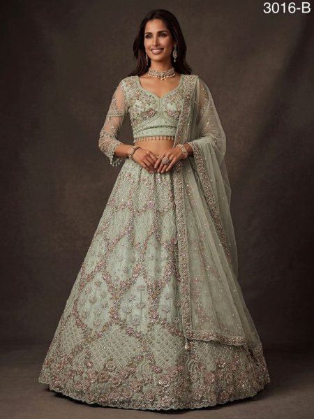 Sleek Pista Semi Stitched Net Lehenga with Sequin and Zarkan Work for Women  Lehenga