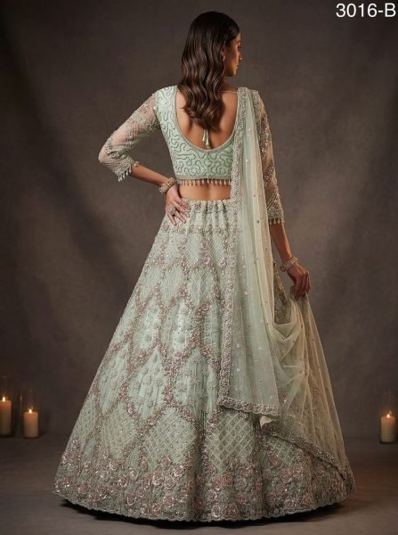 Sleek Pista Semi Stitched Net Lehenga with Sequin and Zarkan Work for Women Bridal Lehenga Choli