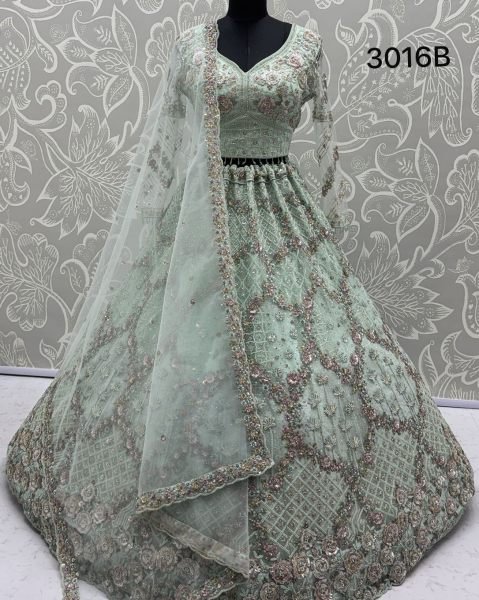 Sleek Pista Semi Stitched Net Lehenga with Sequin and Zarkan Work for Women Bridal Lehenga Choli
