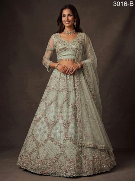 Sleek Pista Semi Stitched Net Lehenga with Sequin and Zarkan Work for Women Bridal Lehenga Choli