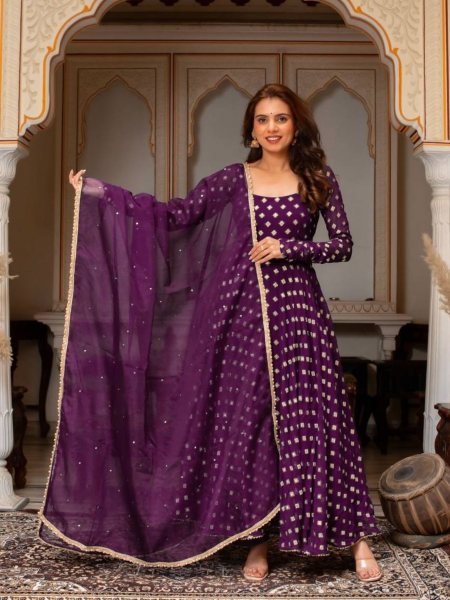 Sleek Purple Chanderi Jacquard Butti Gown Set with Mirror Work For Women Ready To Wear Suit