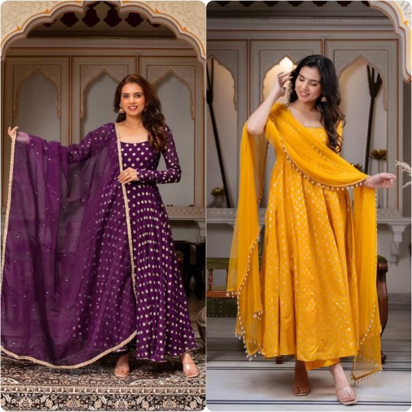 Sleek Purple Chanderi Jacquard Butti Gown Set with Mirror Work For Women Ready To Wear Collection