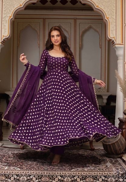 Sleek Purple Chanderi Jacquard Butti Gown Set with Mirror Work For Women Ready To Wear Collection