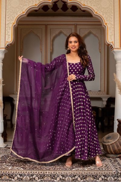 Sleek Purple Chanderi Jacquard Butti Gown Set with Mirror Work For Women Ready To Wear Collection
