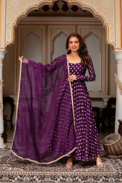 Sleek Purple Chanderi Jacquard Butti Gown Set with Mirror Work For Women Ready To Wear Collection