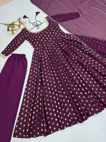 Sleek Purple Chanderi Jacquard Butti Gown Set with Mirror Work For Women Ready To Wear Collection