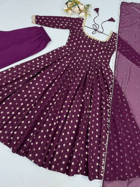 Sleek Purple Chanderi Jacquard Butti Gown Set with Mirror Work For Women Ready To Wear Collection