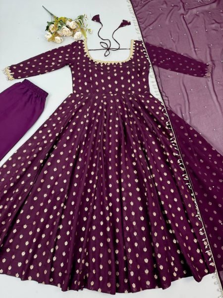 Sleek Purple Chanderi Jacquard Butti Gown Set with Mirror Work For Women Ready To Wear Collection
