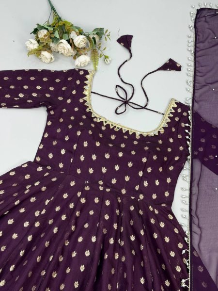 Sleek Purple Chanderi Jacquard Butti Gown Set with Mirror Work For Women Ready To Wear Collection
