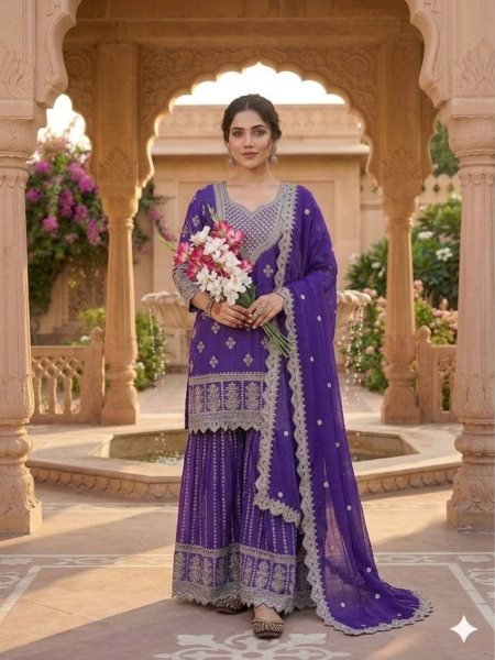 Sleek Purple Chinon Silk Sharara Suit with Sequins Work for Festive Wear Ready To Wear Collection