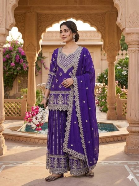 Sleek Purple Chinon Silk Sharara Suit with Sequins Work for Festive Wear Ready To Wear Collection