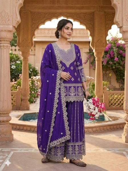 Sleek Purple Chinon Silk Sharara Suit with Sequins Work for Festive Wear Ready To Wear Collection