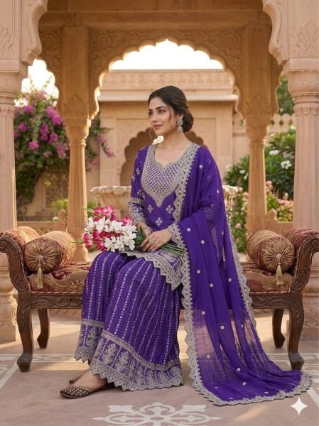 Sleek Purple Chinon Silk Sharara Suit with Sequins Work for Festive Wear Ready To Wear Collection
