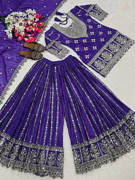 Sleek Purple Chinon Silk Sharara Suit with Sequins Work for Festive Wear Ready To Wear Collection