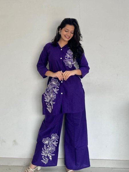 Sleek Purple Comfortable Cotton Co Ord Set for Summer Casual Wear Kurtis