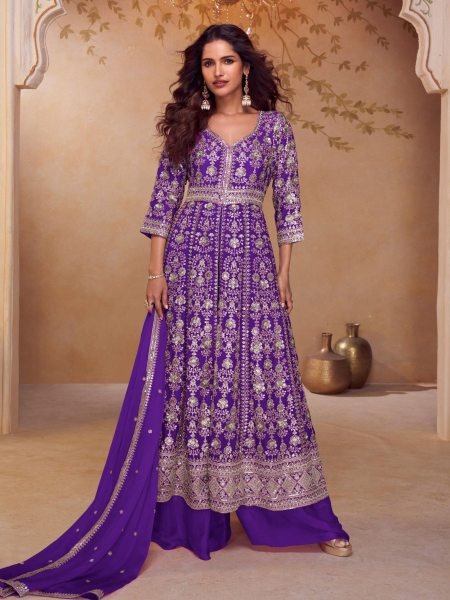 Sleek Purple Designer Real Chinon Three Piece Suit with Elegant Embroidered Dupatta 